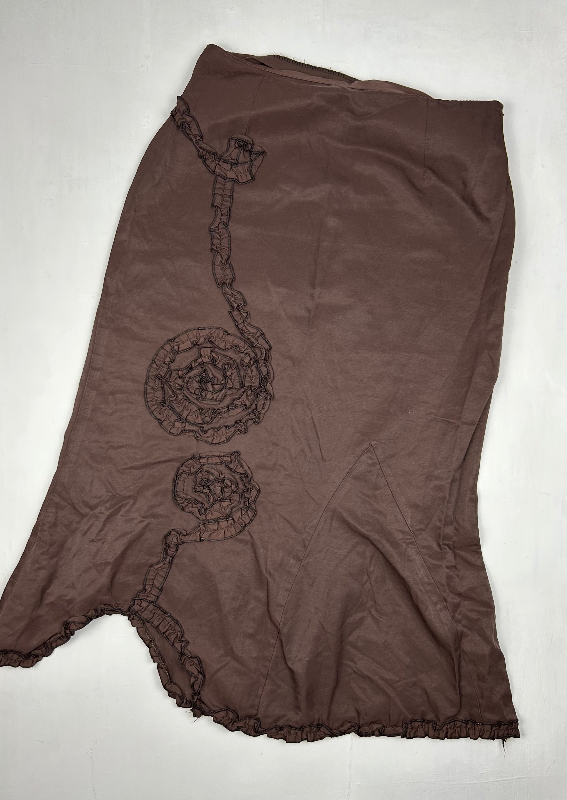 Brown cotton flower appliqué low rise mid skirt (S)