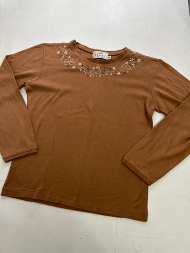 Brown stretchy embroidered long sleeves top (S/M)