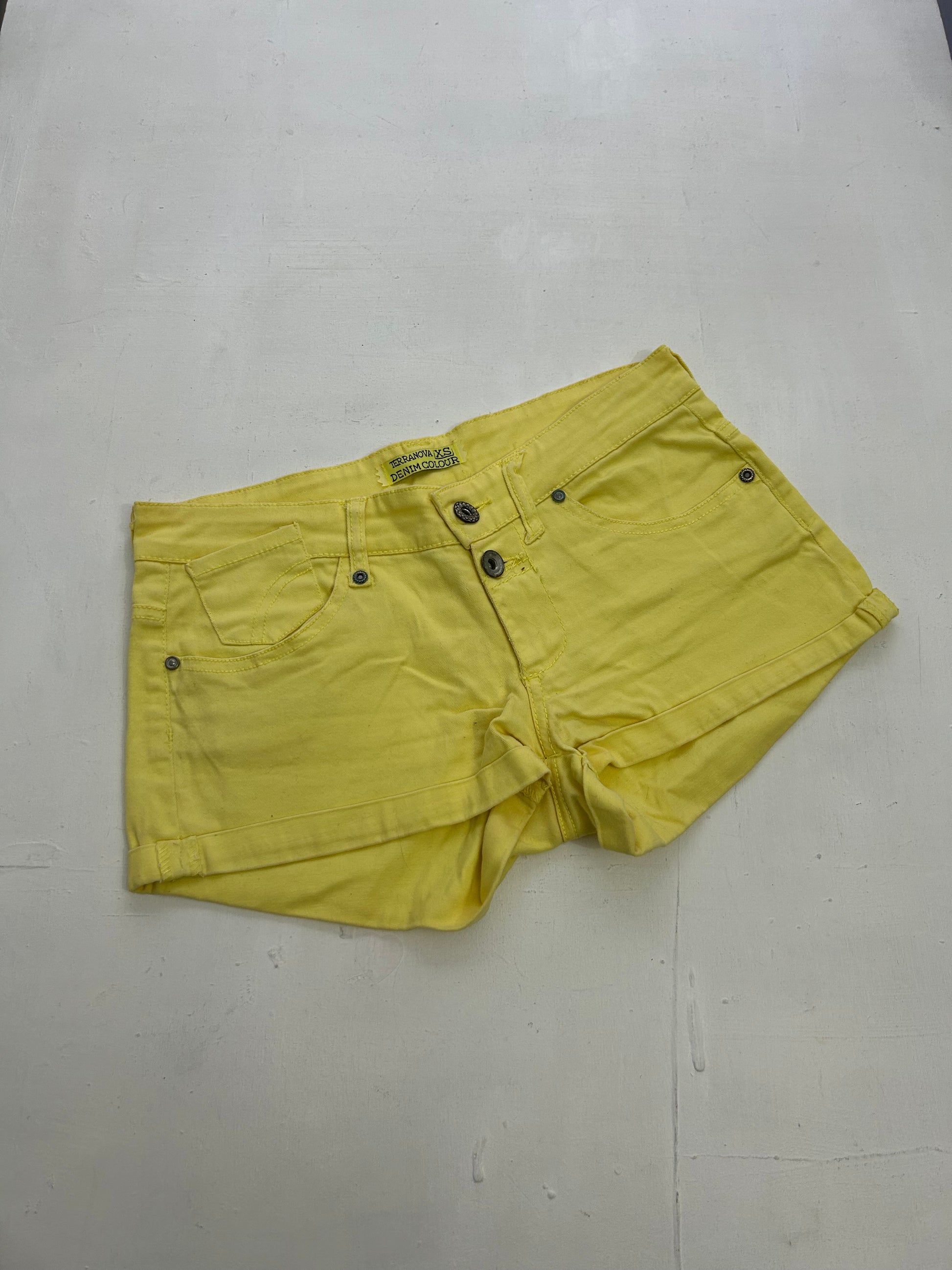 Yellow denim low rise mini /micro short (XS/S)