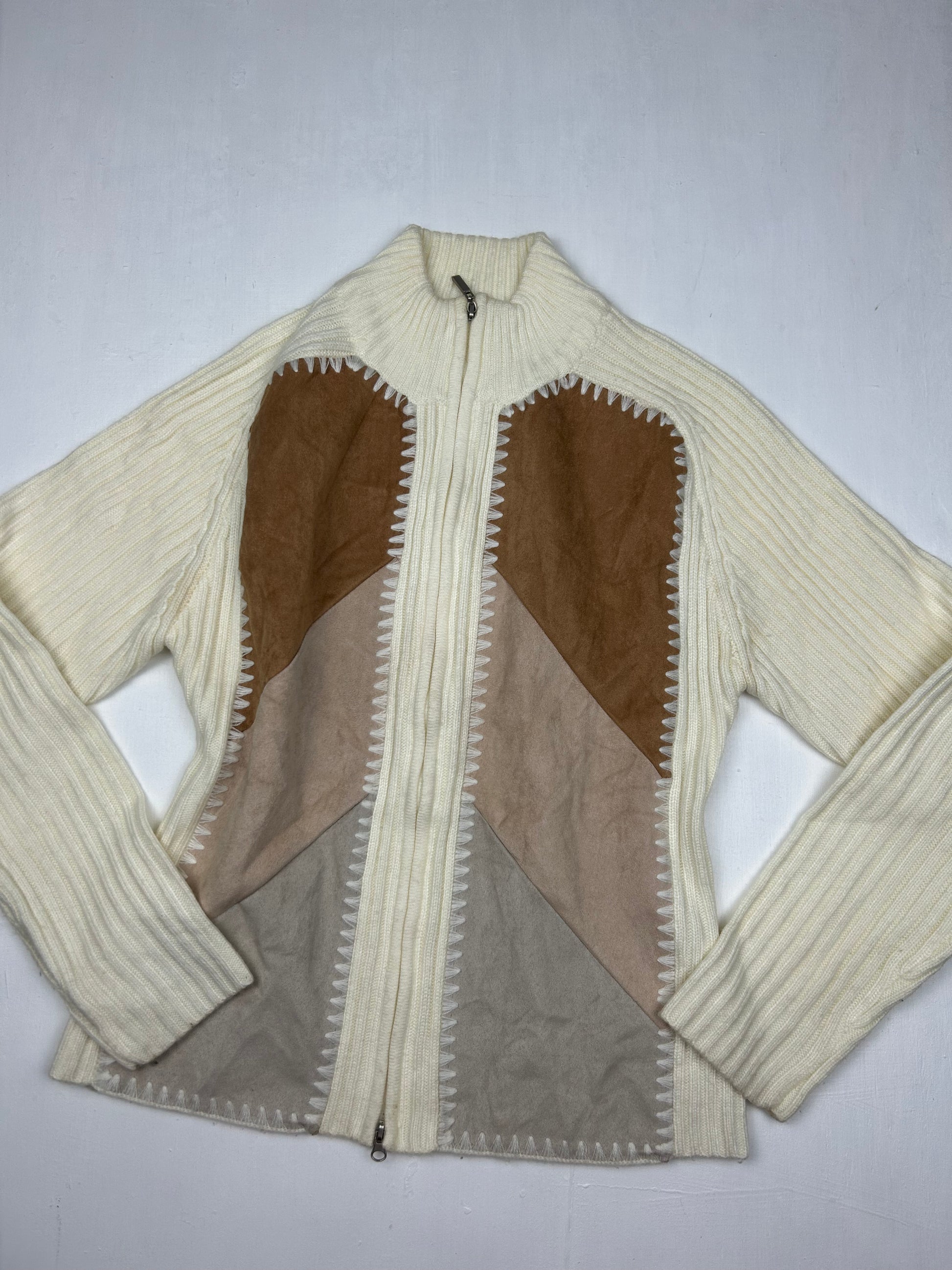 White bi fabric wool zip up biker jacket (S/M)