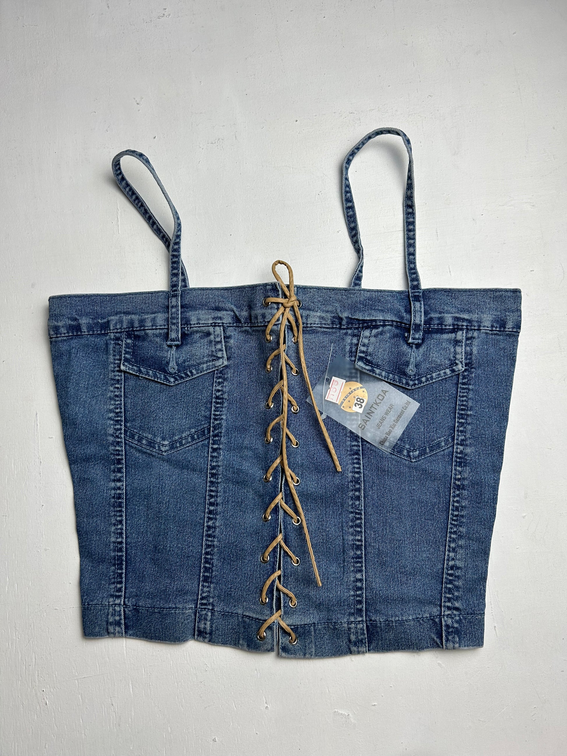 Denim blue lace up stretchy cami corset top