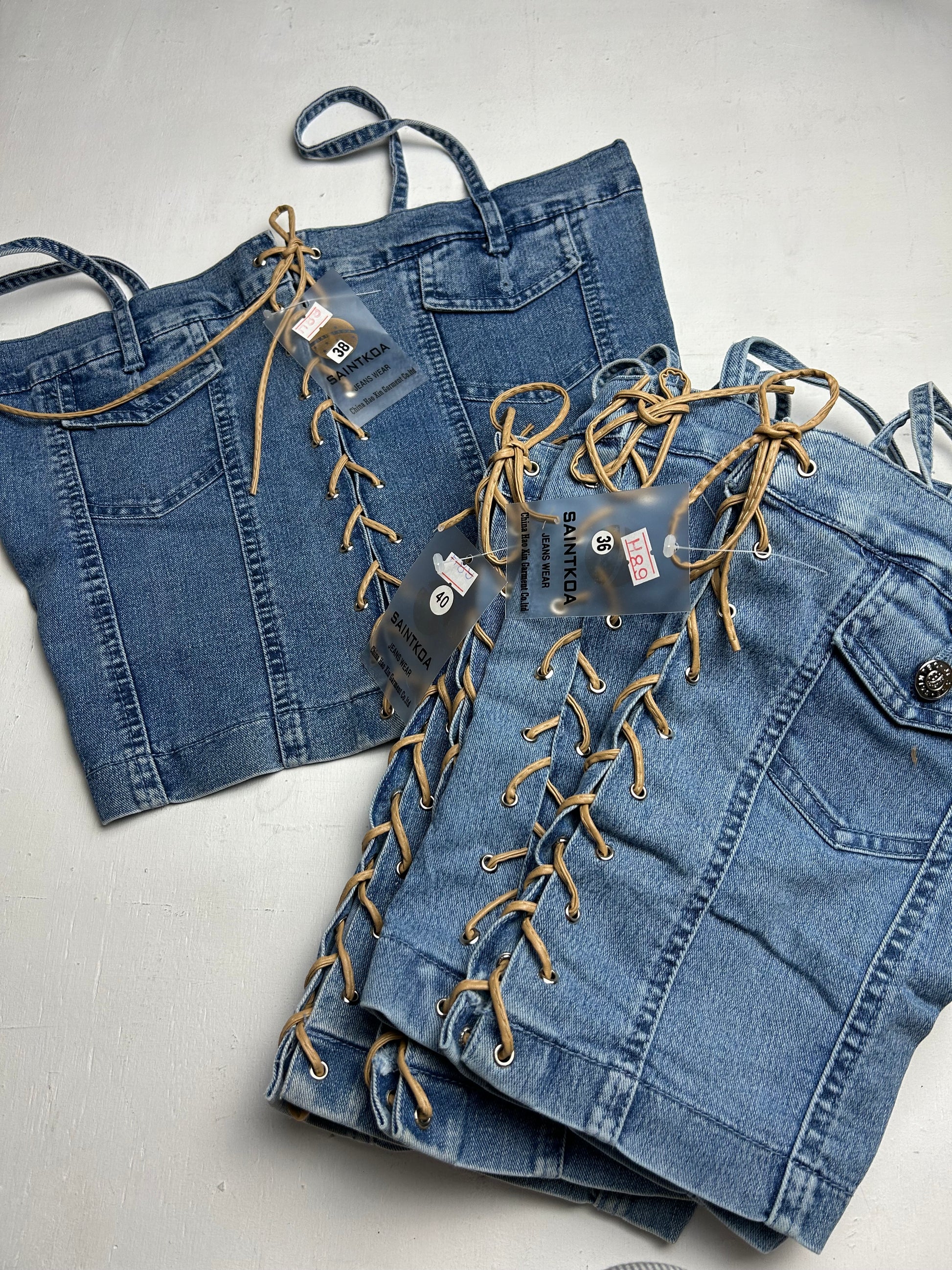 Denim blue lace up stretchy cami corset top