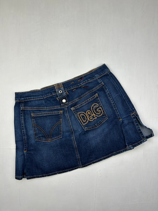 Blue denim logo low rise pleated mini skirt (S)