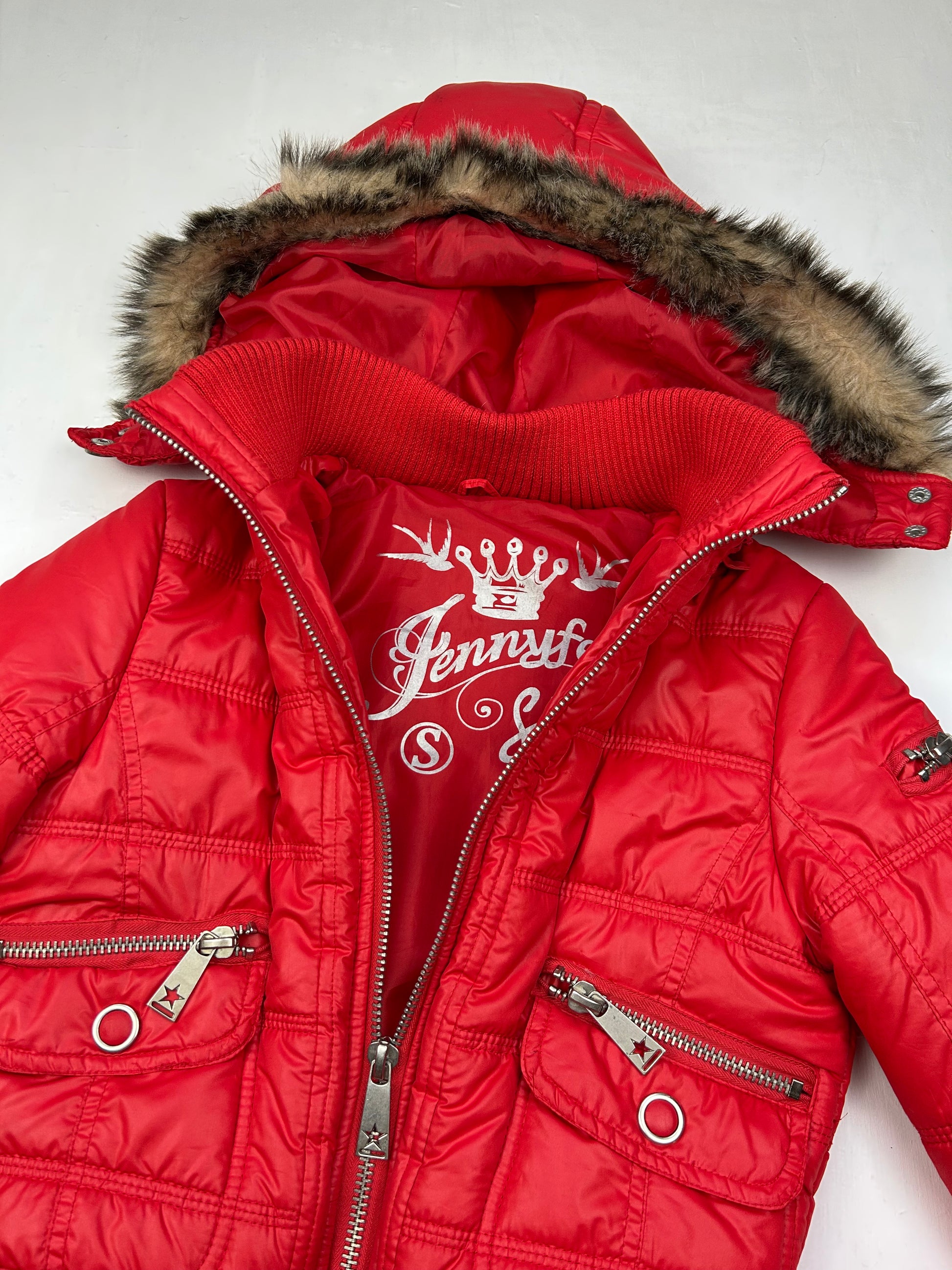 Red zip up puffer & faux fur jacket (S)