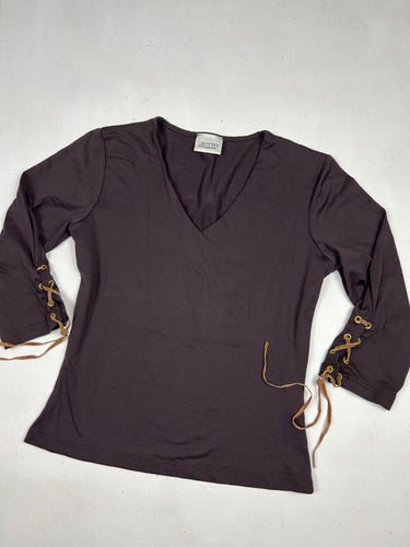 Brown stretchy lace up long sleeves top (S/M)