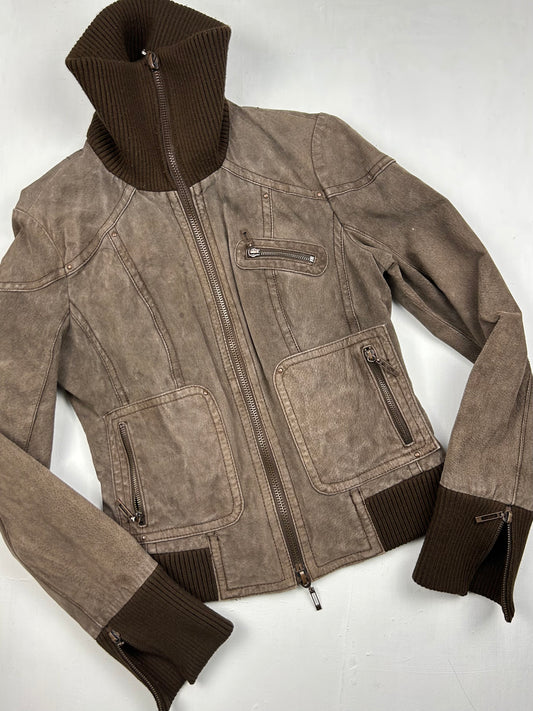 Brown suede leather biker jacket (S)