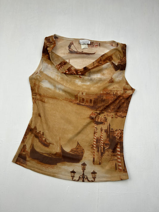 Beige graphic print mesh lined tank top (S)