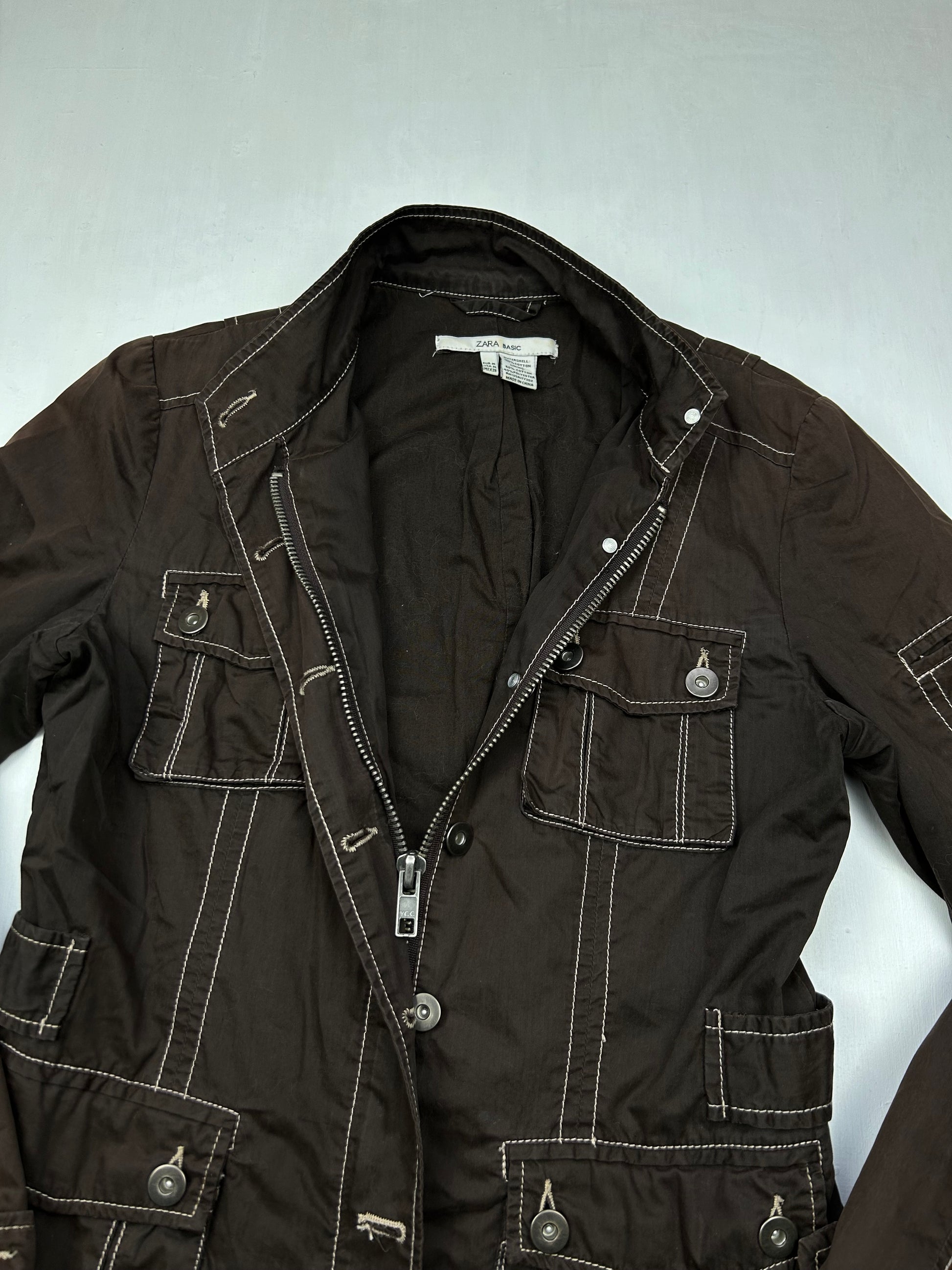 Brown denim zip up biker jacket (M)