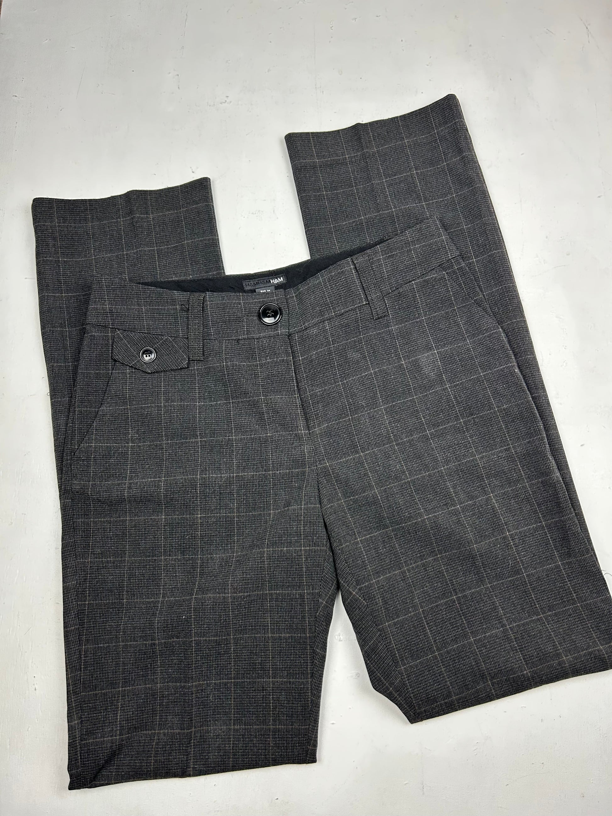 Grey check print office low waist flare / bootcut baggy pants (S)