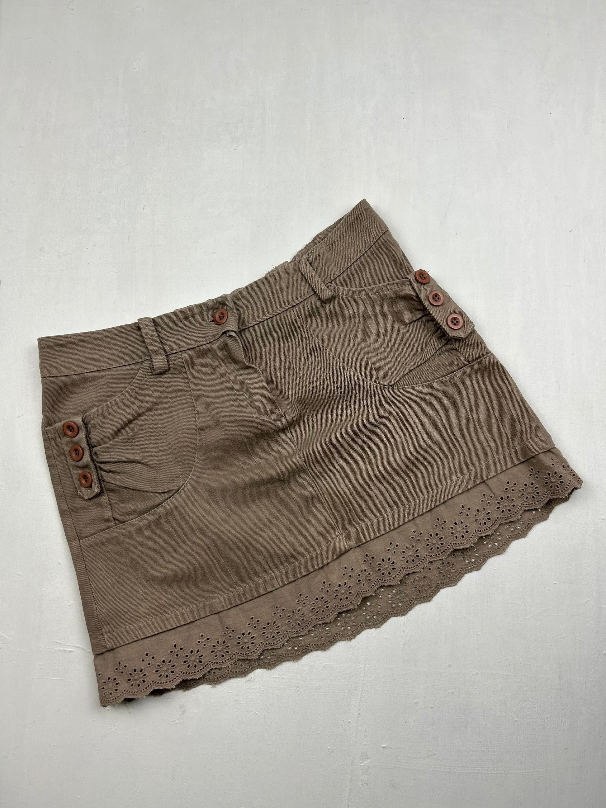 Khaki denim low rise mini skirt (XS)