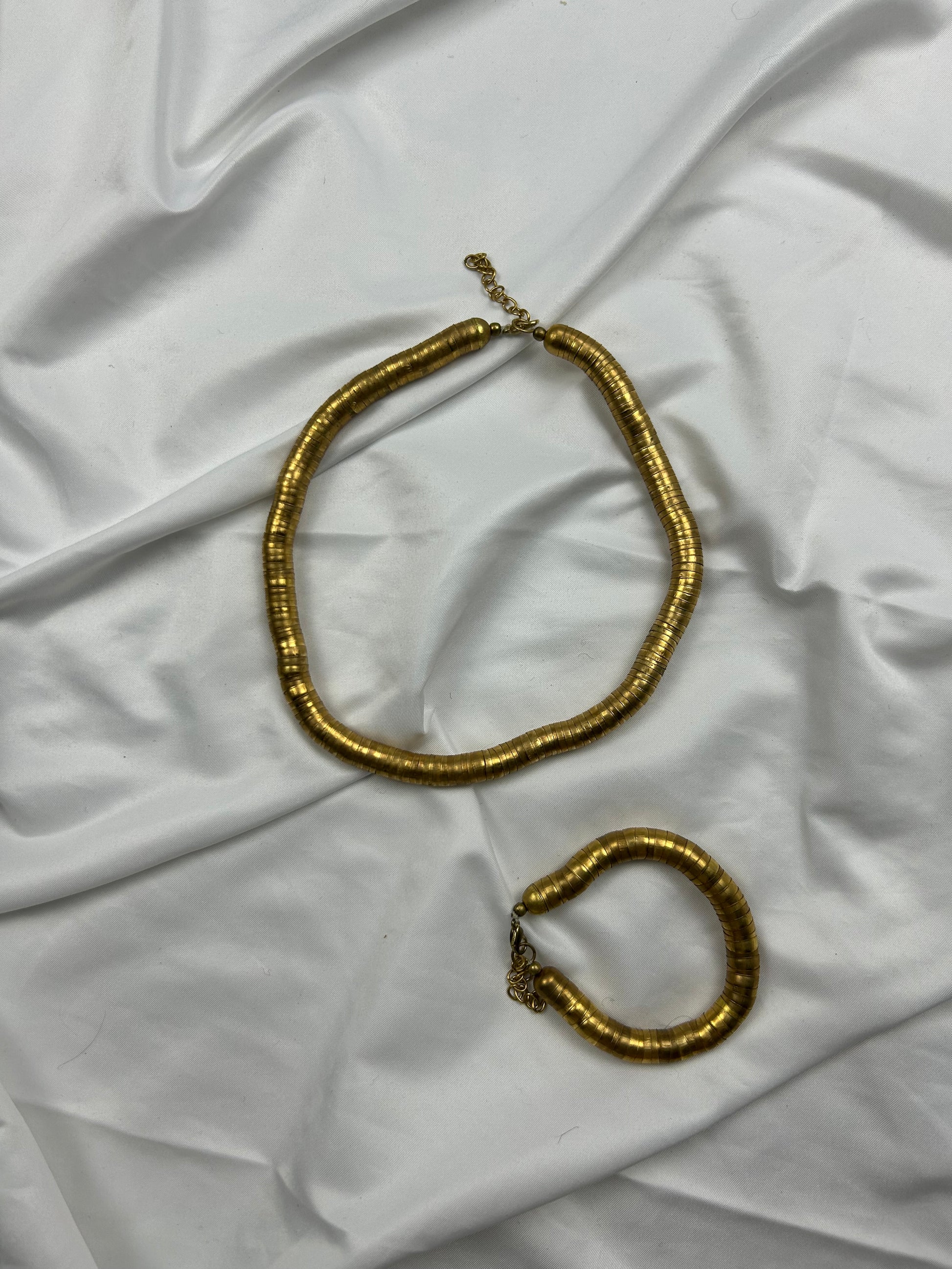 Gold rigid adjustable bracelet + necklace set