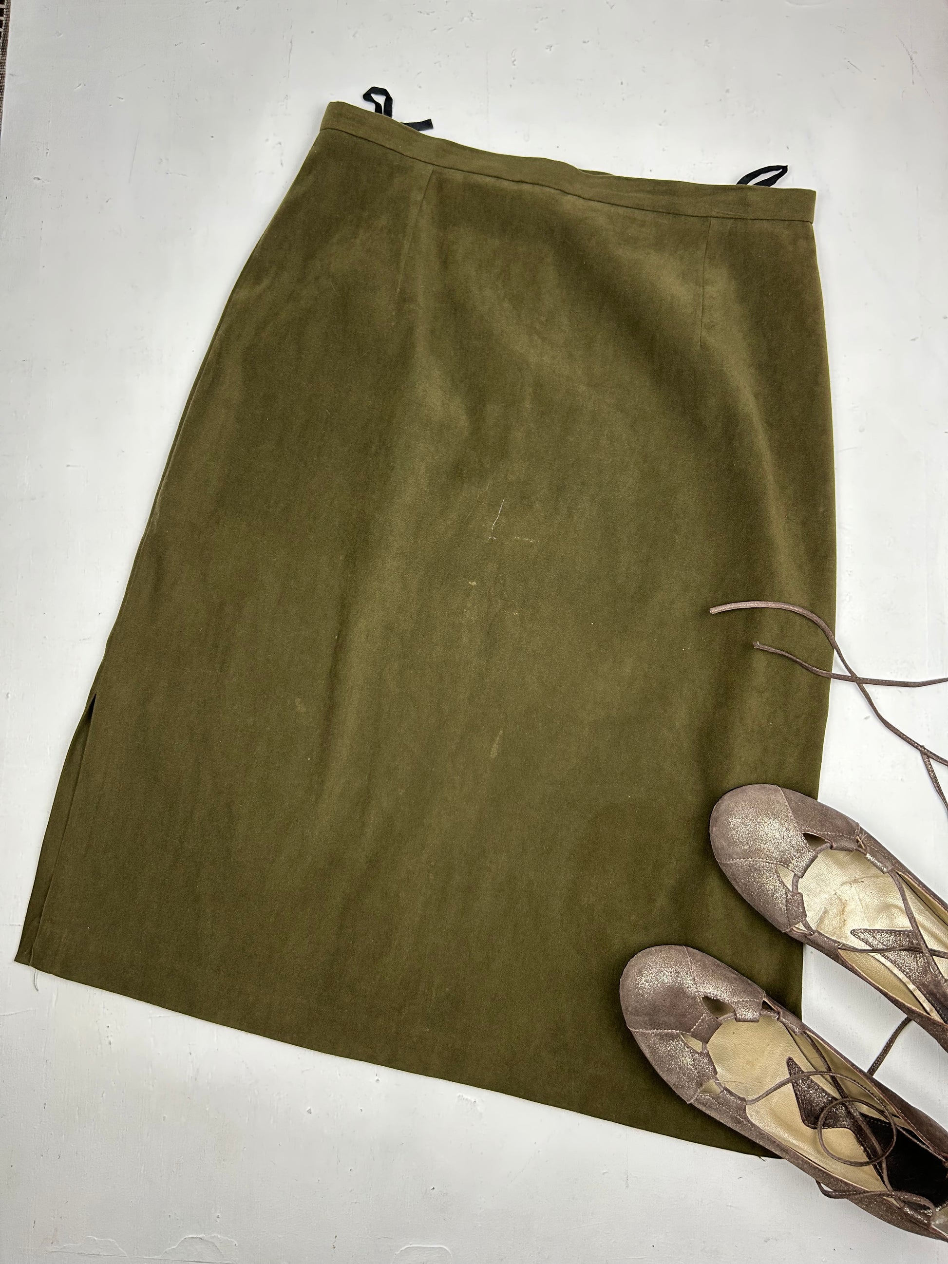 Khaki suede maxi / midi office skirt (S)