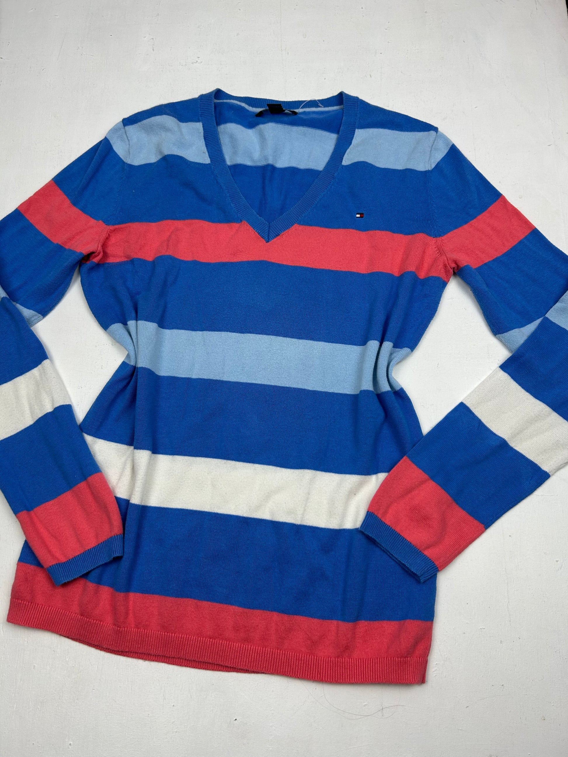 Blue striped cotton V neck 90s jumper (S)