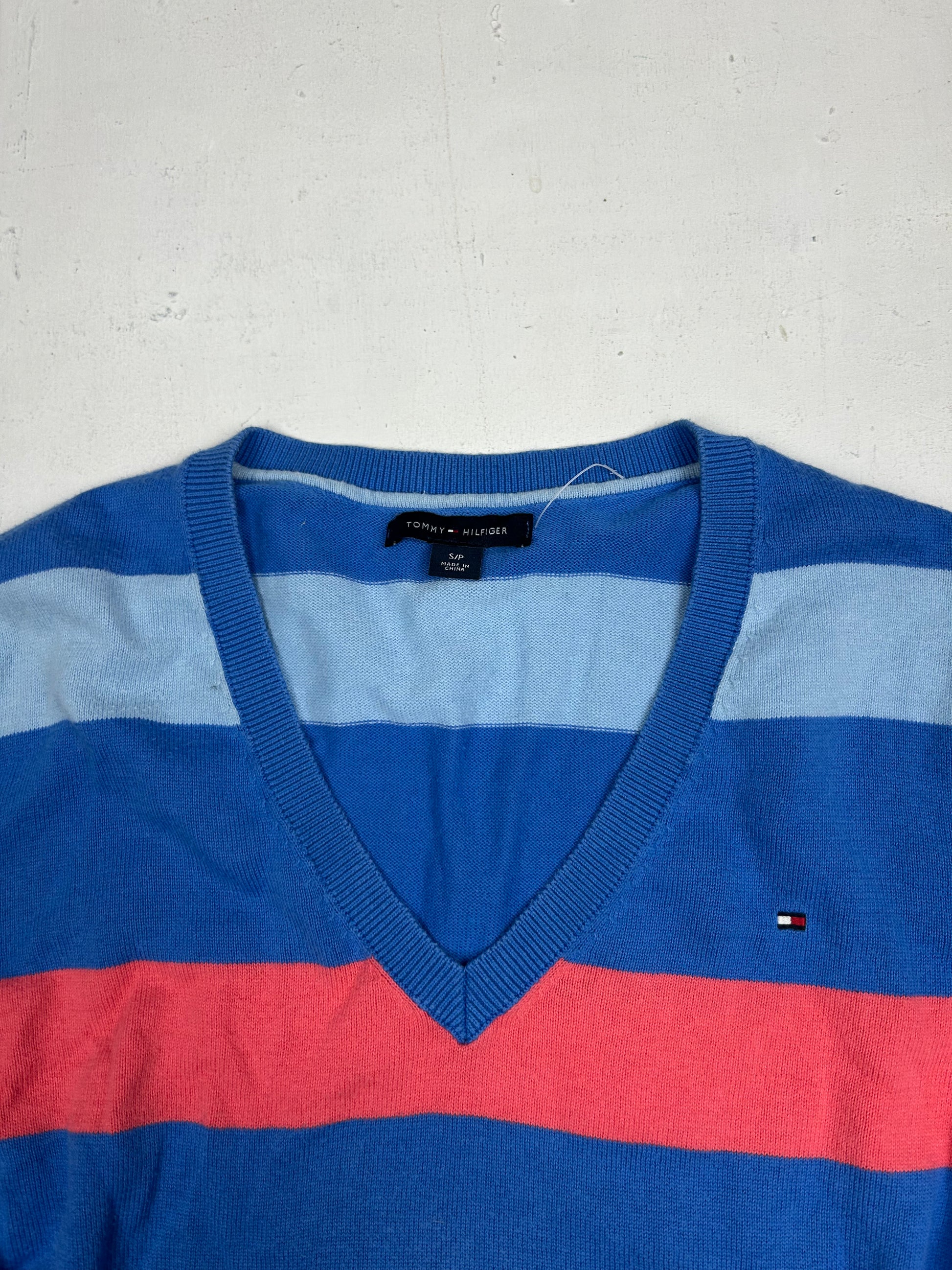 Blue striped cotton V neck 90s jumper (S)