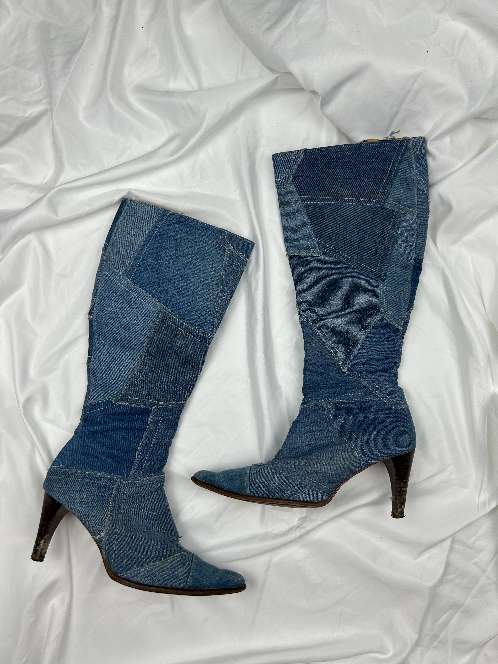 Blue denim  pointed toes knee high kitten heels 100% real leather boots (36)