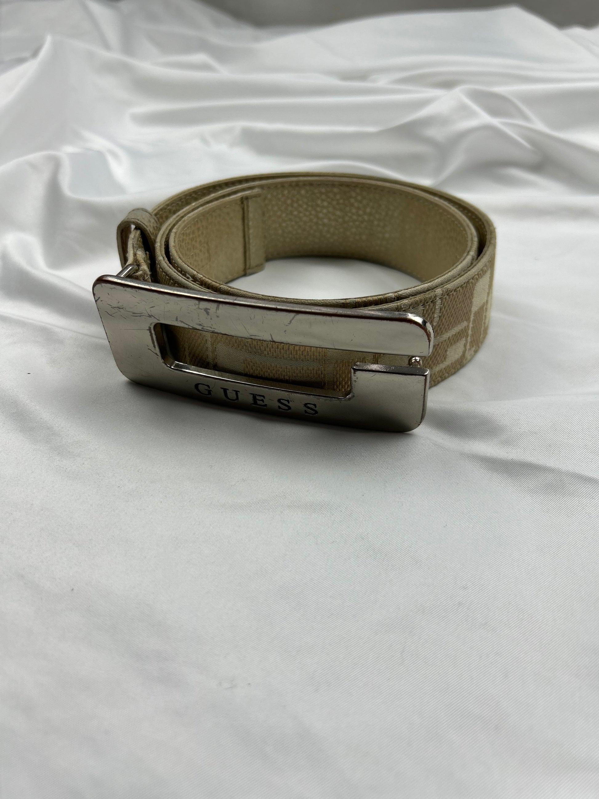 Beige real leather y2k logo buckle belt