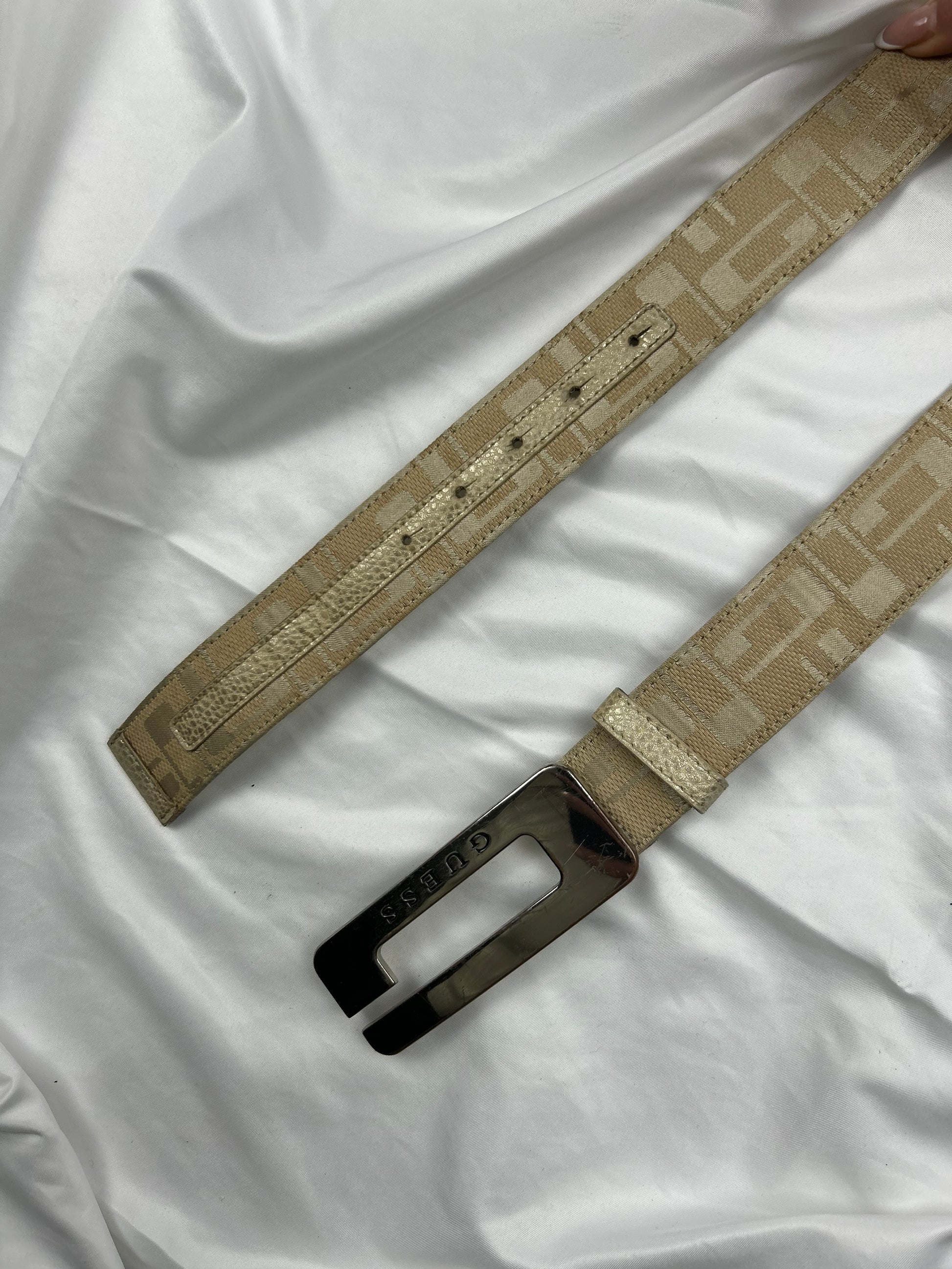 Beige real leather y2k logo buckle belt