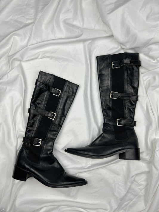 Black belt buckle pointed toes knee 100% real leather high boots (36)