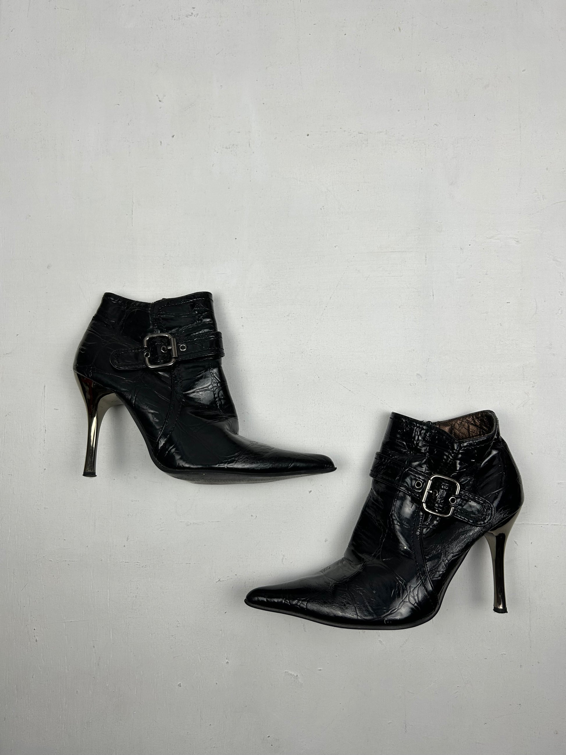 Black high heels pointed toes buckle boots shoes (37)