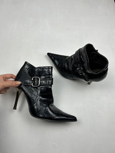 Black high heels pointed toes buckle boots shoes (37)