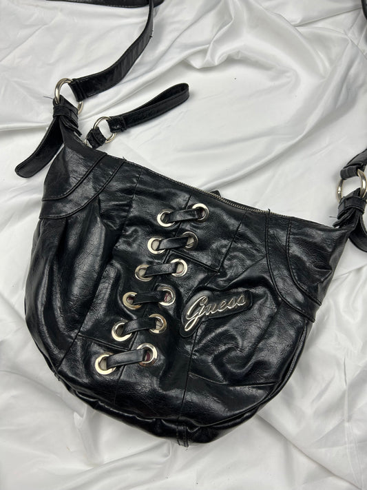 Black pvc leather uni besace lace up crossbody bag