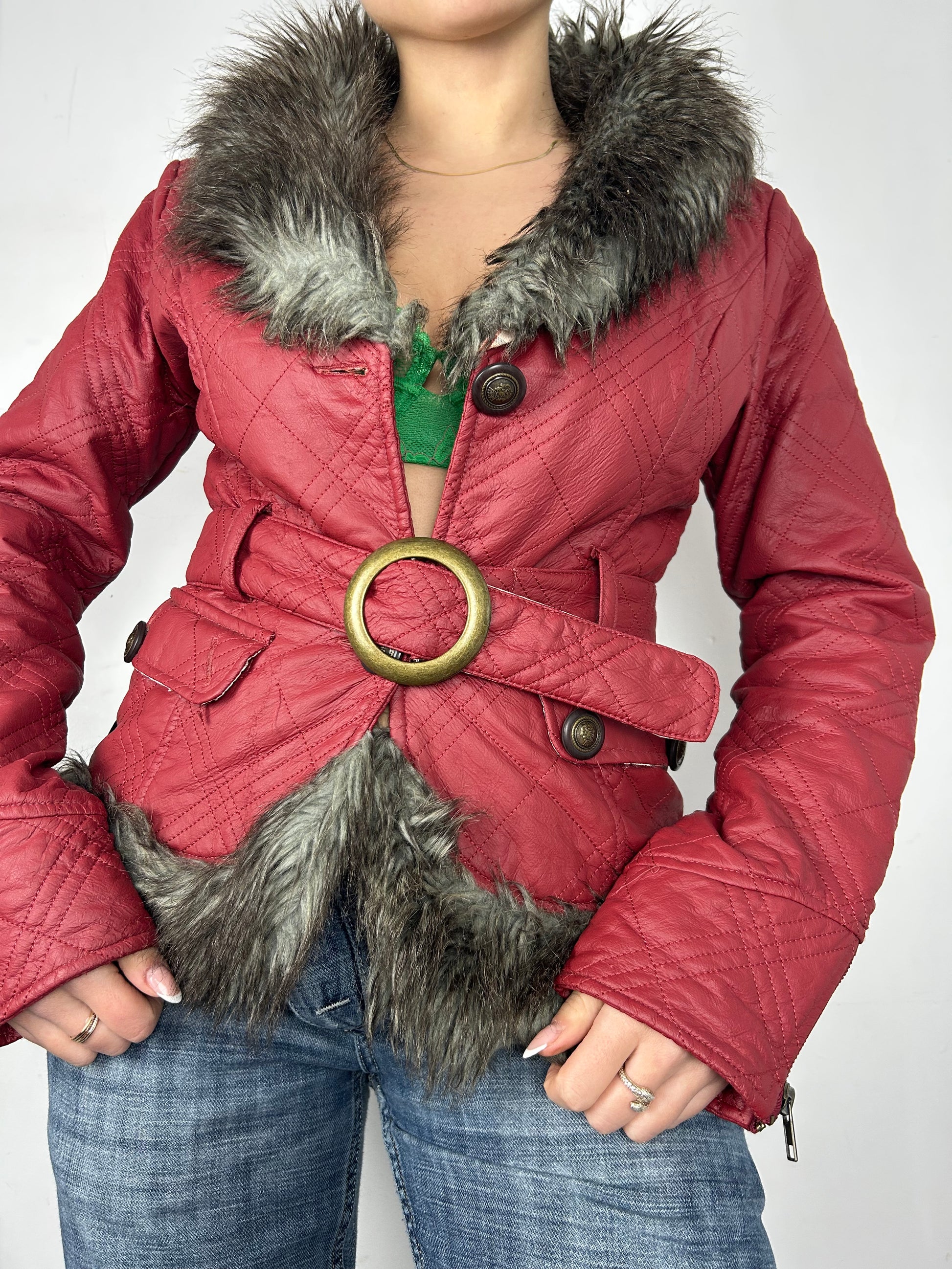 Red faux fur neck belt biker jacket (S)