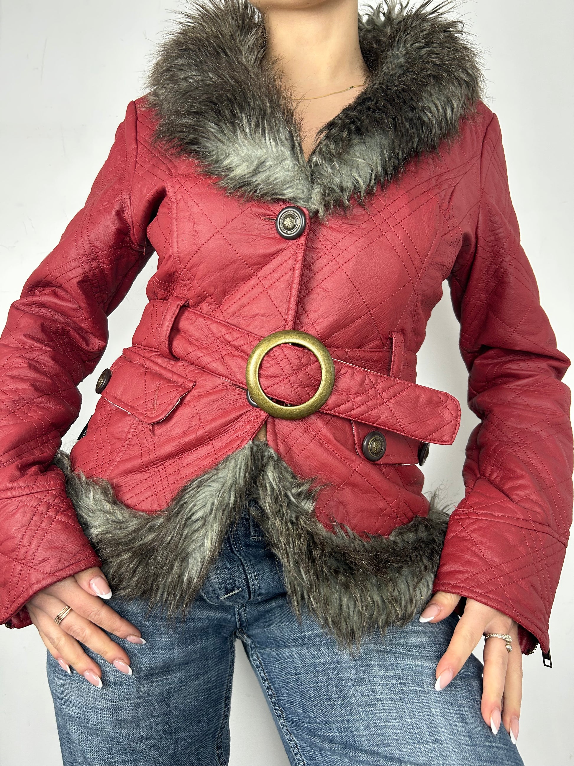 Red faux fur neck belt biker jacket (S)