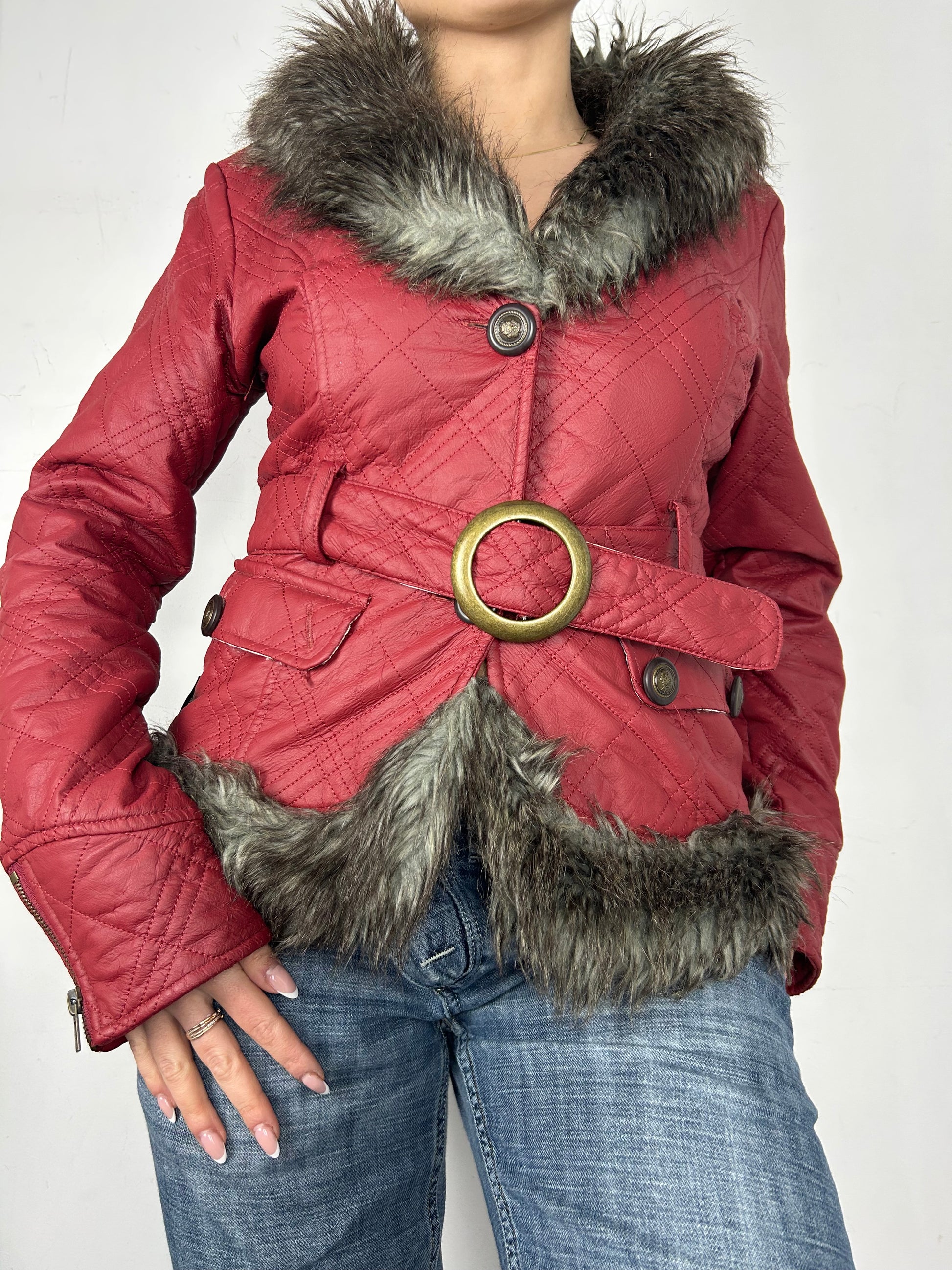 Red faux fur neck belt biker jacket (S)