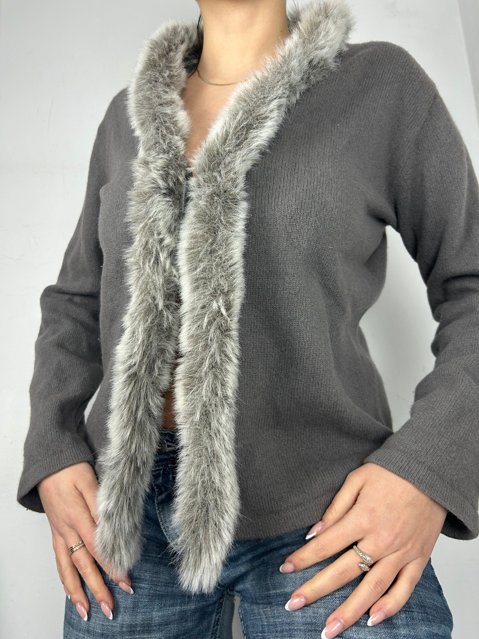 Grey faux fur & wool cardigan jumper (L)