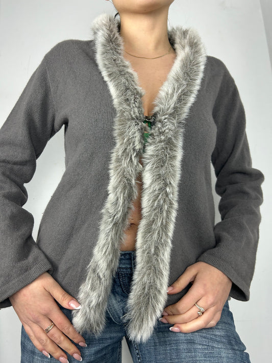 Grey faux fur & wool cardigan jumper (L)