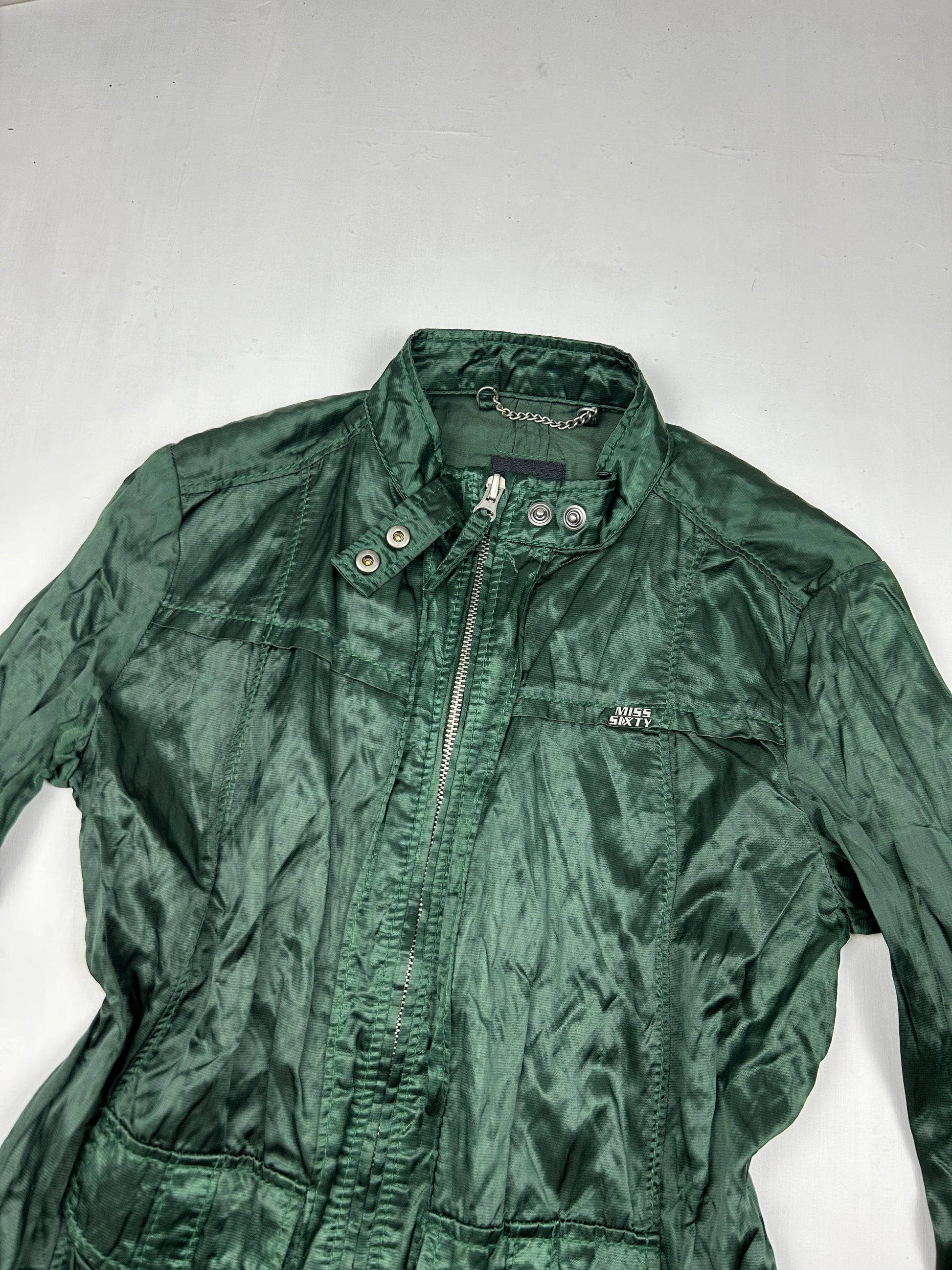 Green satin effect zip up biker jacket (S/M)