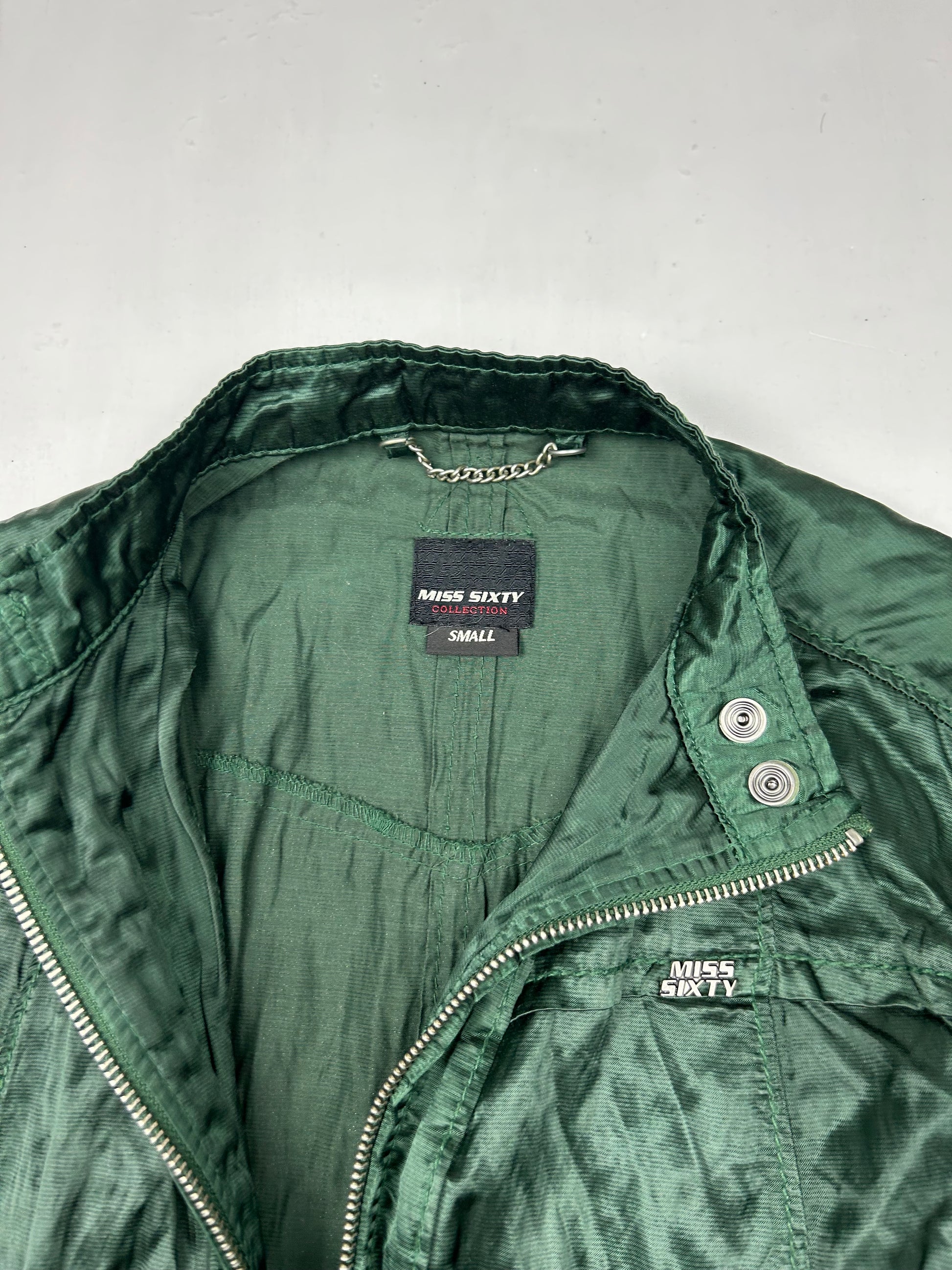 Green satin effect zip up biker jacket (S/M)