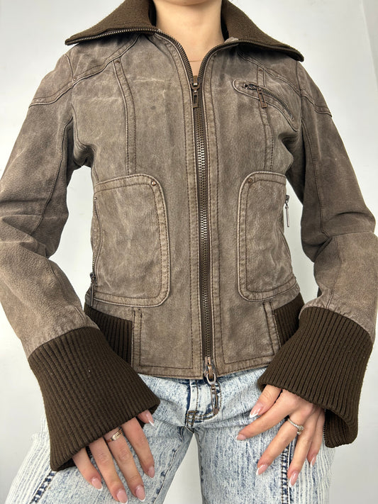 Brown suede leather biker jacket (S)