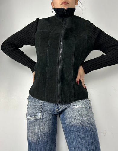 Black 100% real leather suede zip up biker jacket (S/M)