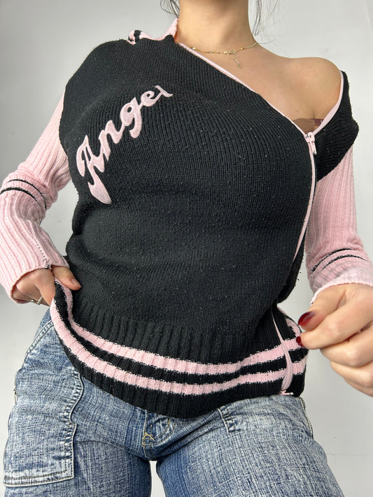 Baby pink & black asymmetric zip up hoodie jumper (S/M)