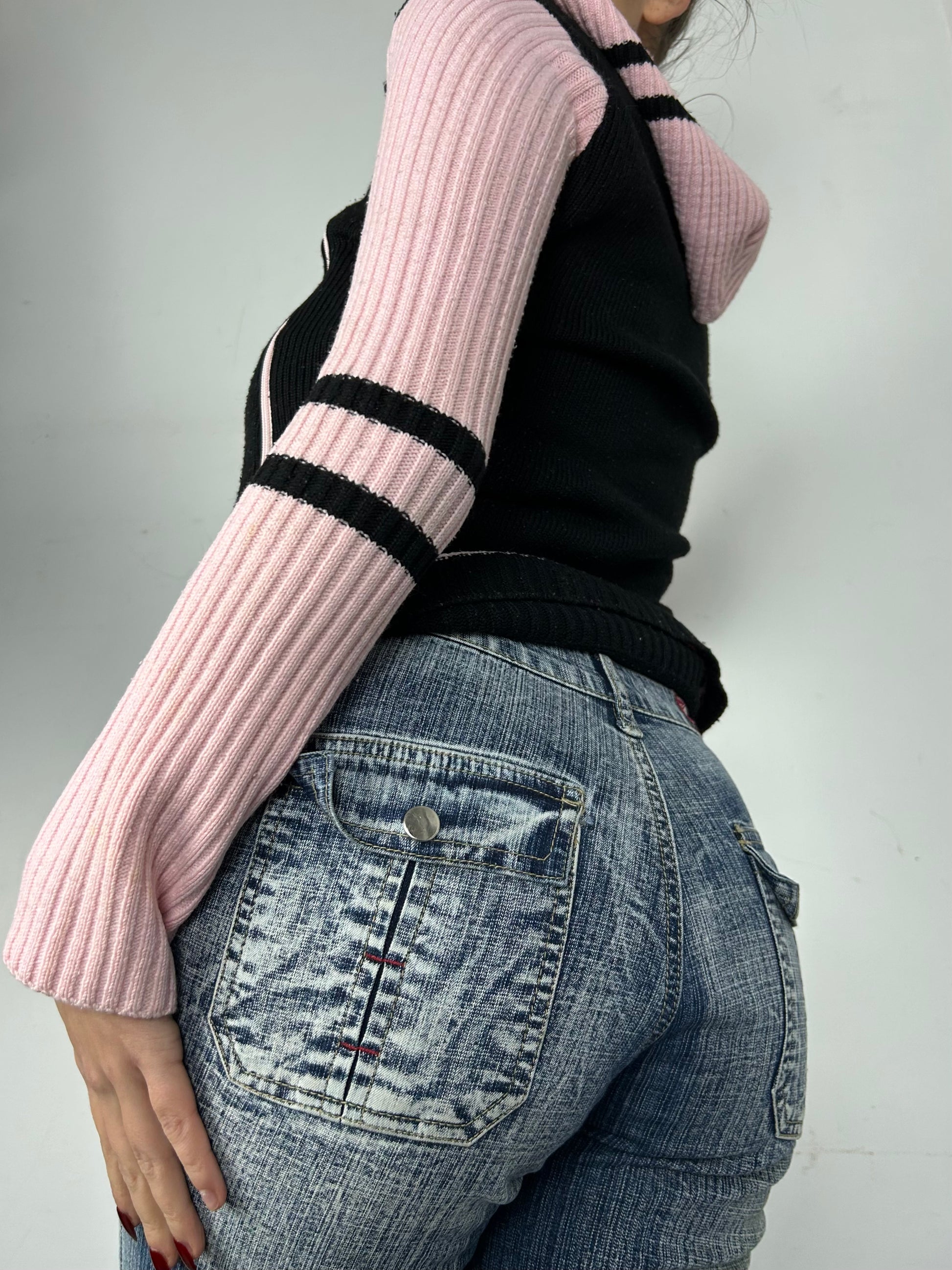 Baby pink & black asymmetric zip up hoodie jumper (S/M)