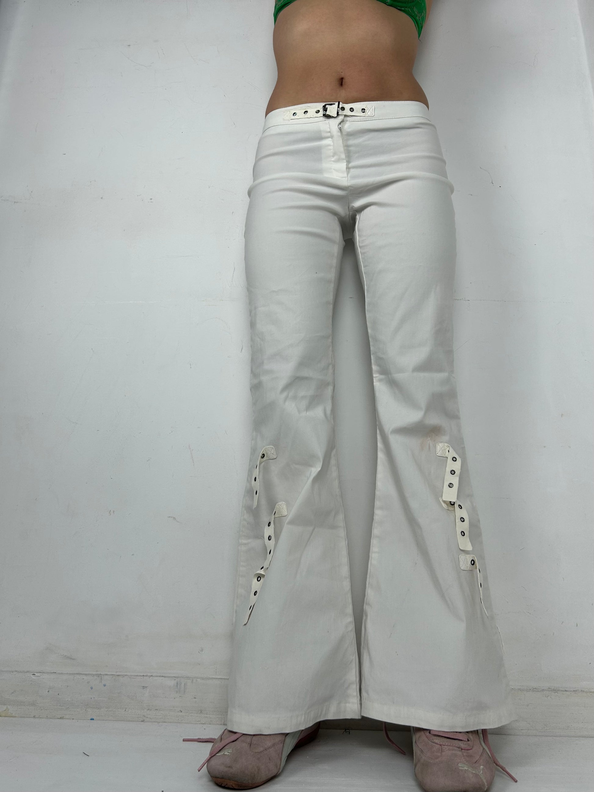 White low waist bootcut denim belt pants (S)