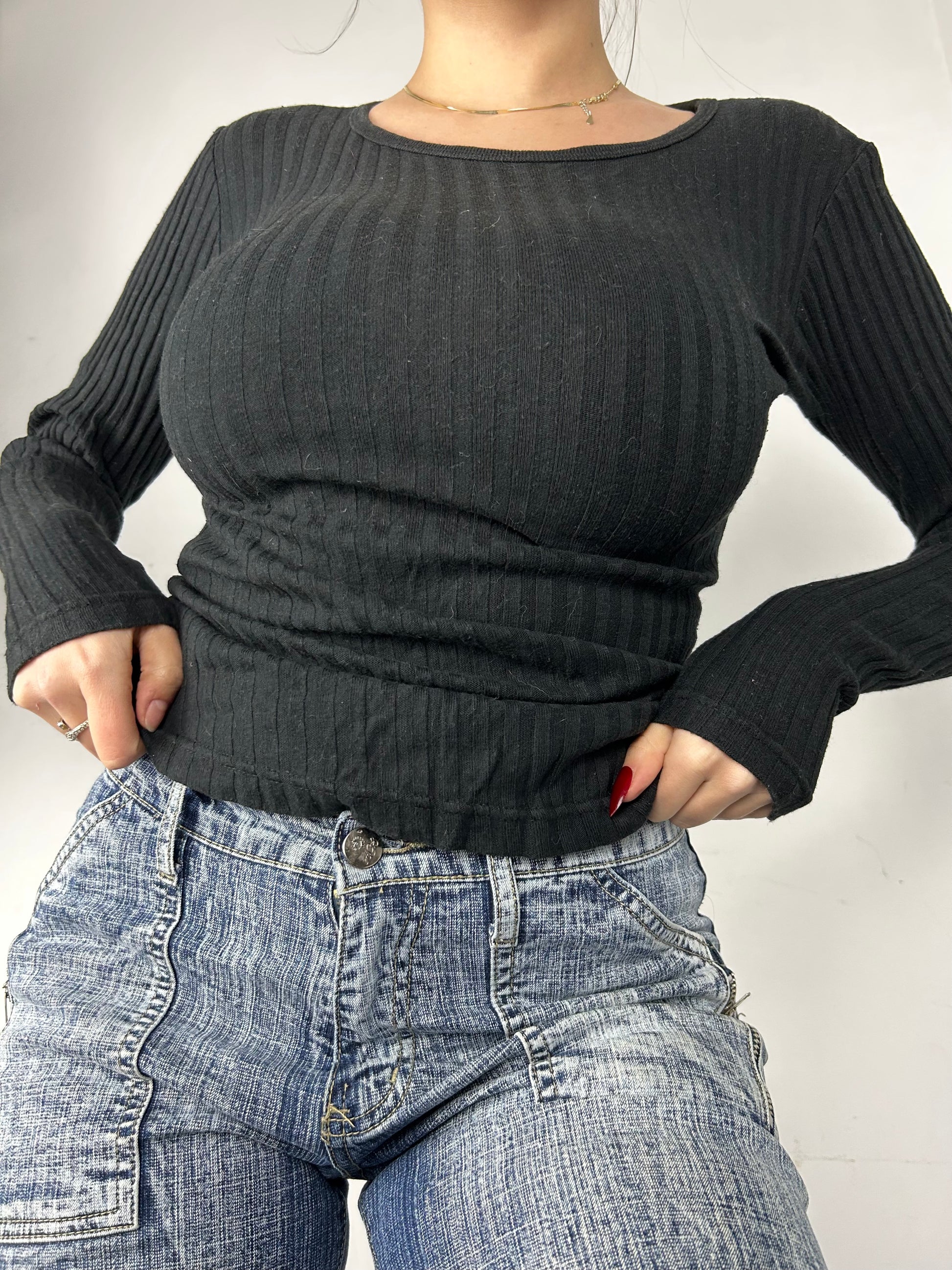 Black ribbed long sleeves top (S)