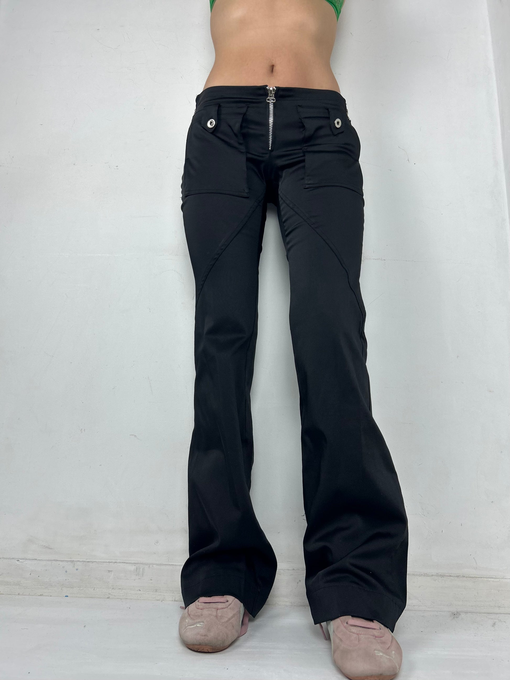 Black low waist satin bootcut pants (S)