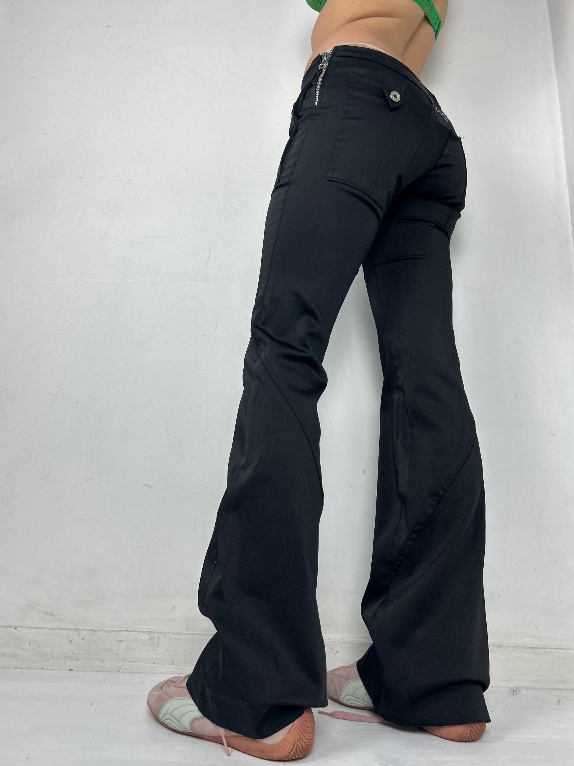 Black low waist satin bootcut pants (S)