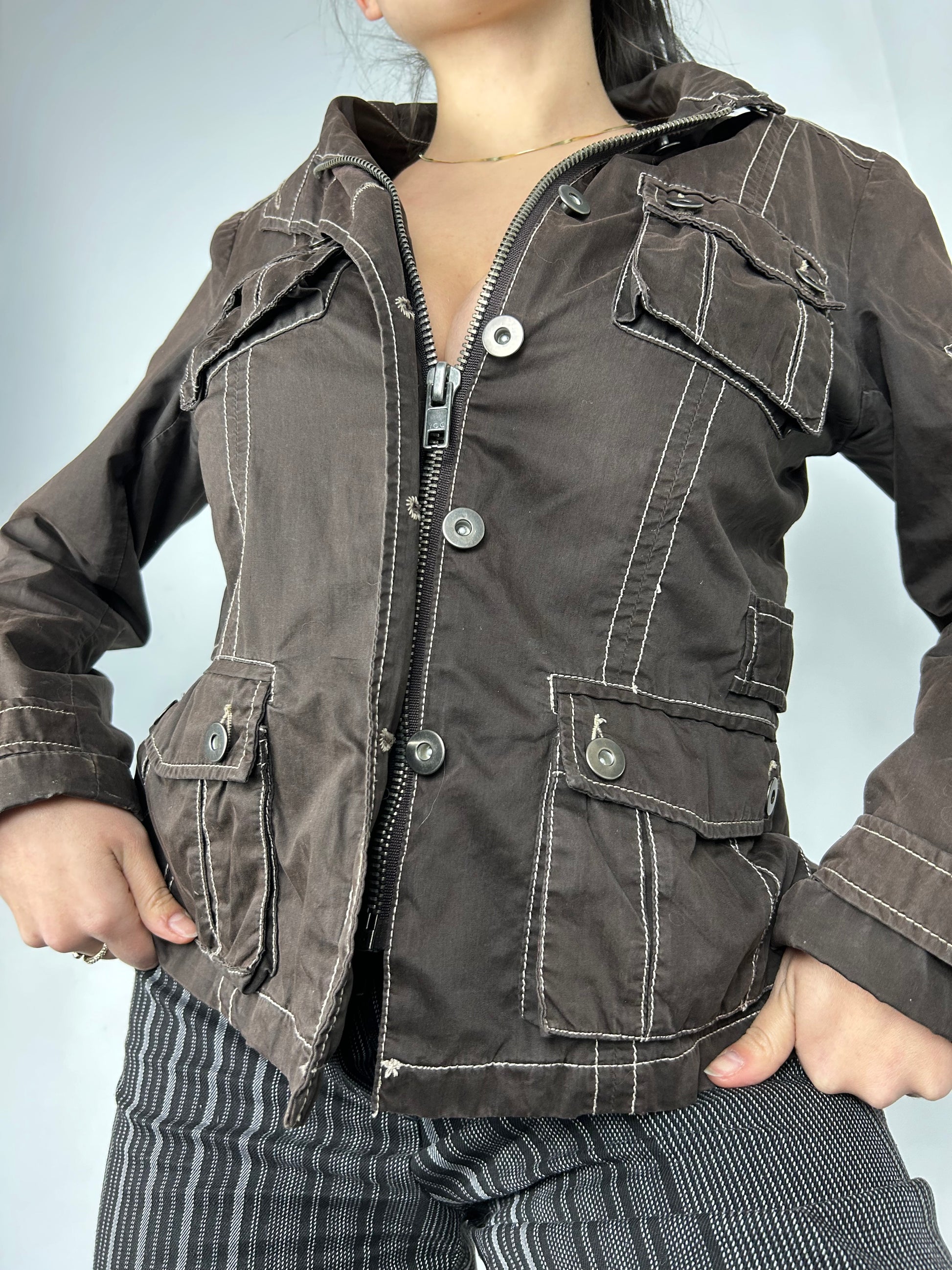 Brown denim zip up biker jacket (M)