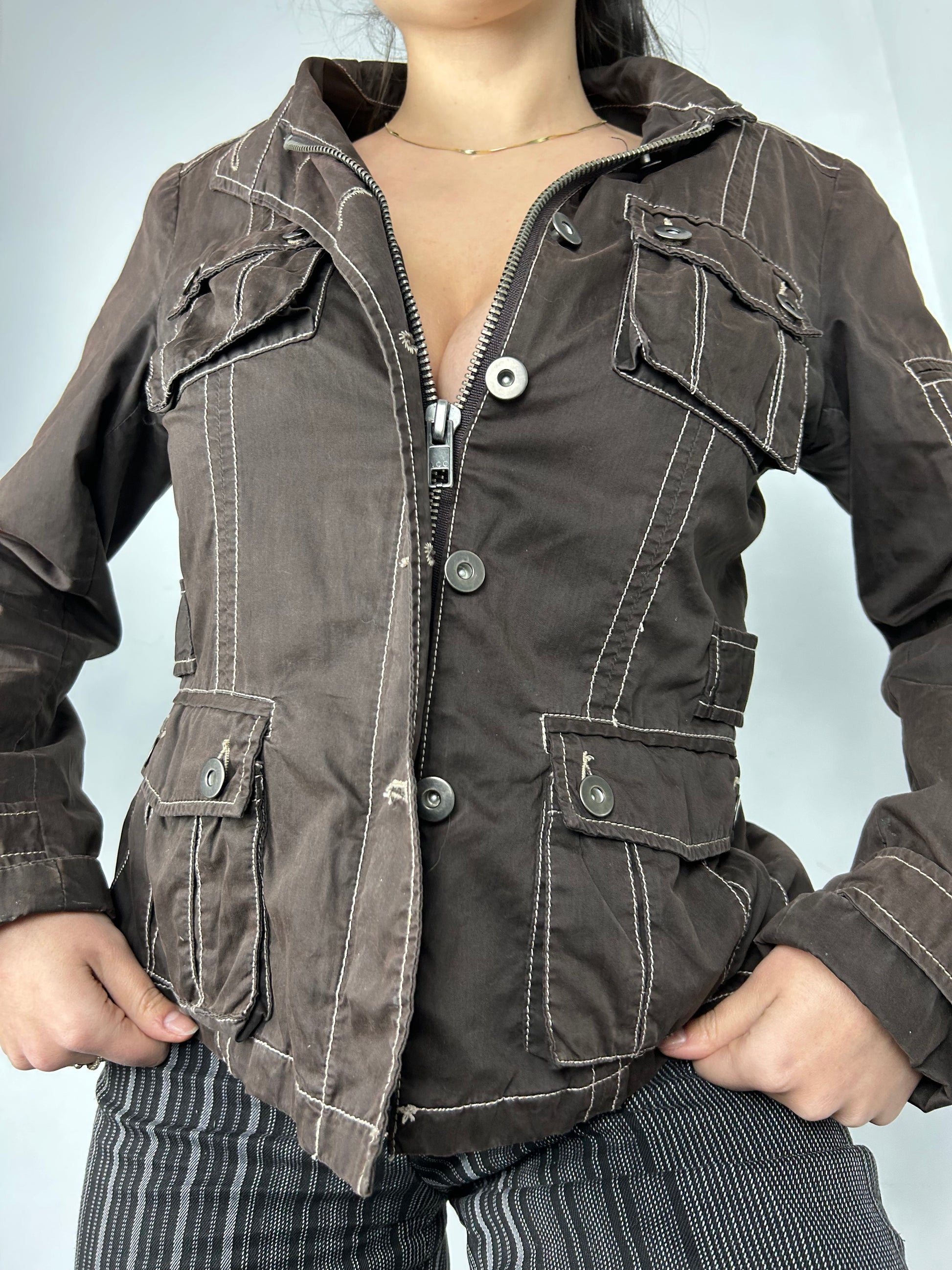 Brown denim zip up biker jacket (M)