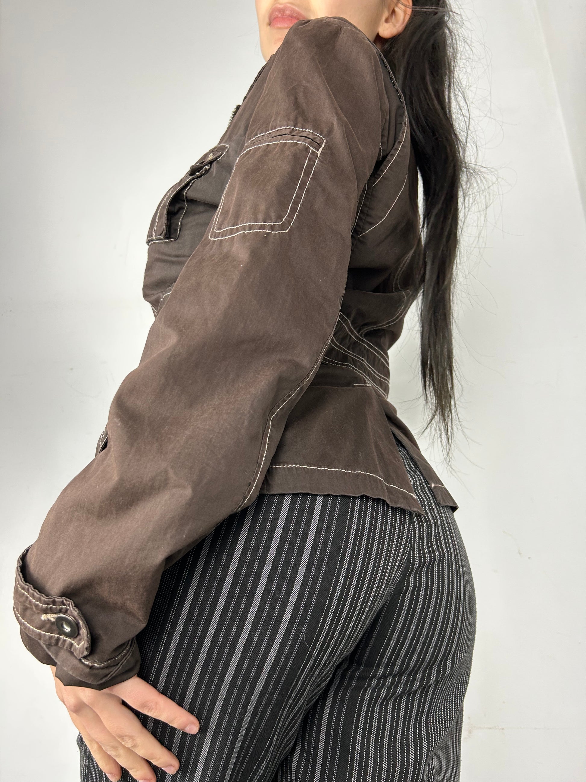 Brown denim zip up biker jacket (M)