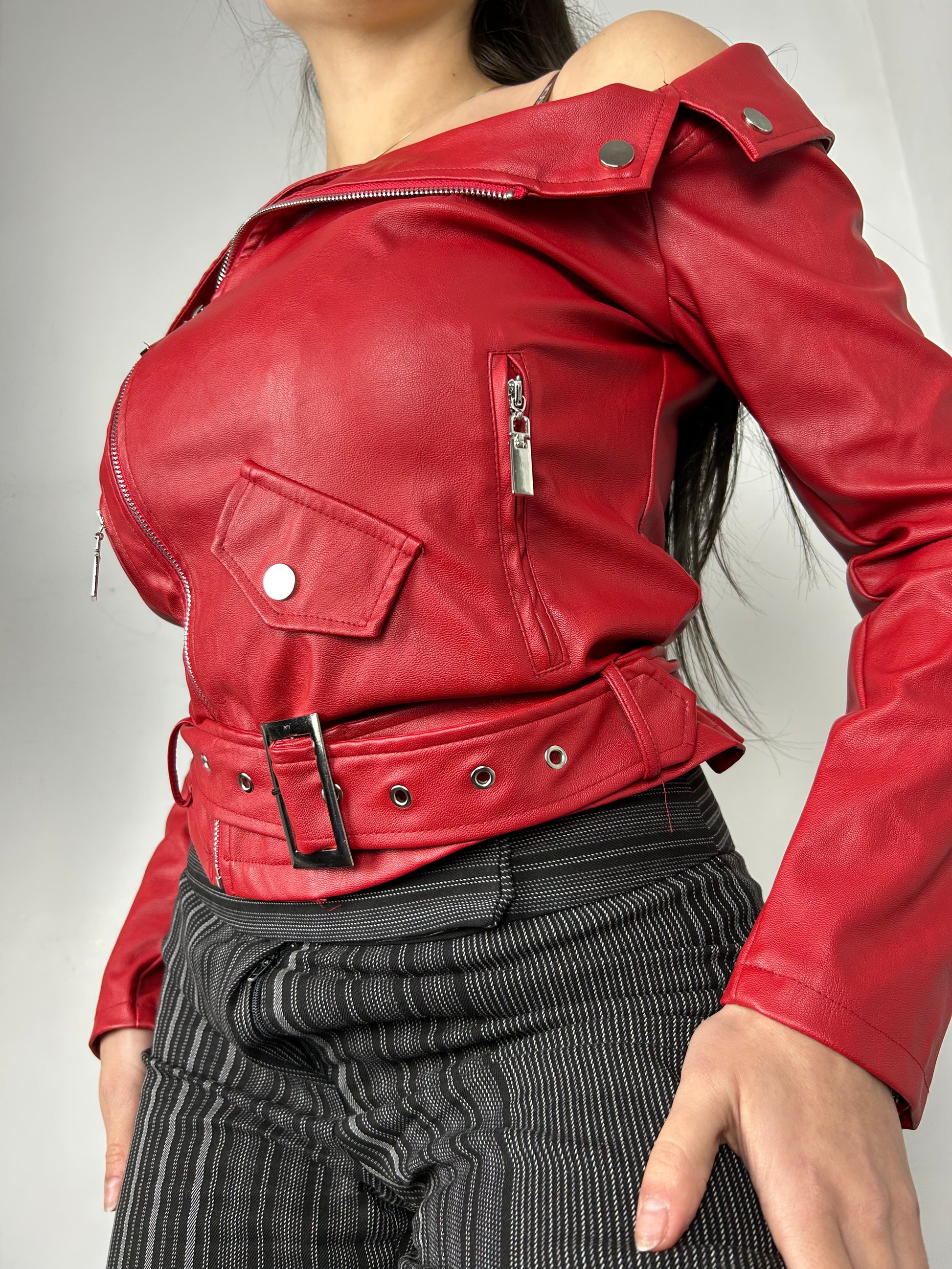 Red pvc leather bardot biker jacket (S)