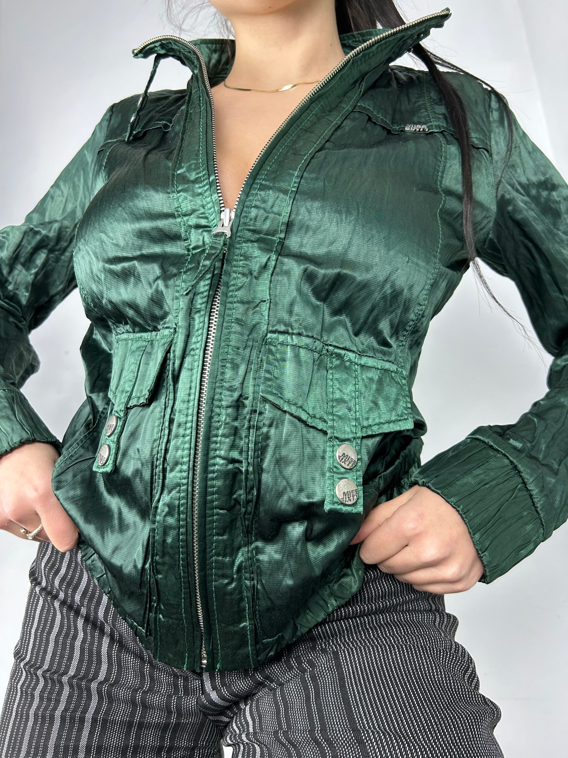 Green satin effect zip up biker jacket (S/M)