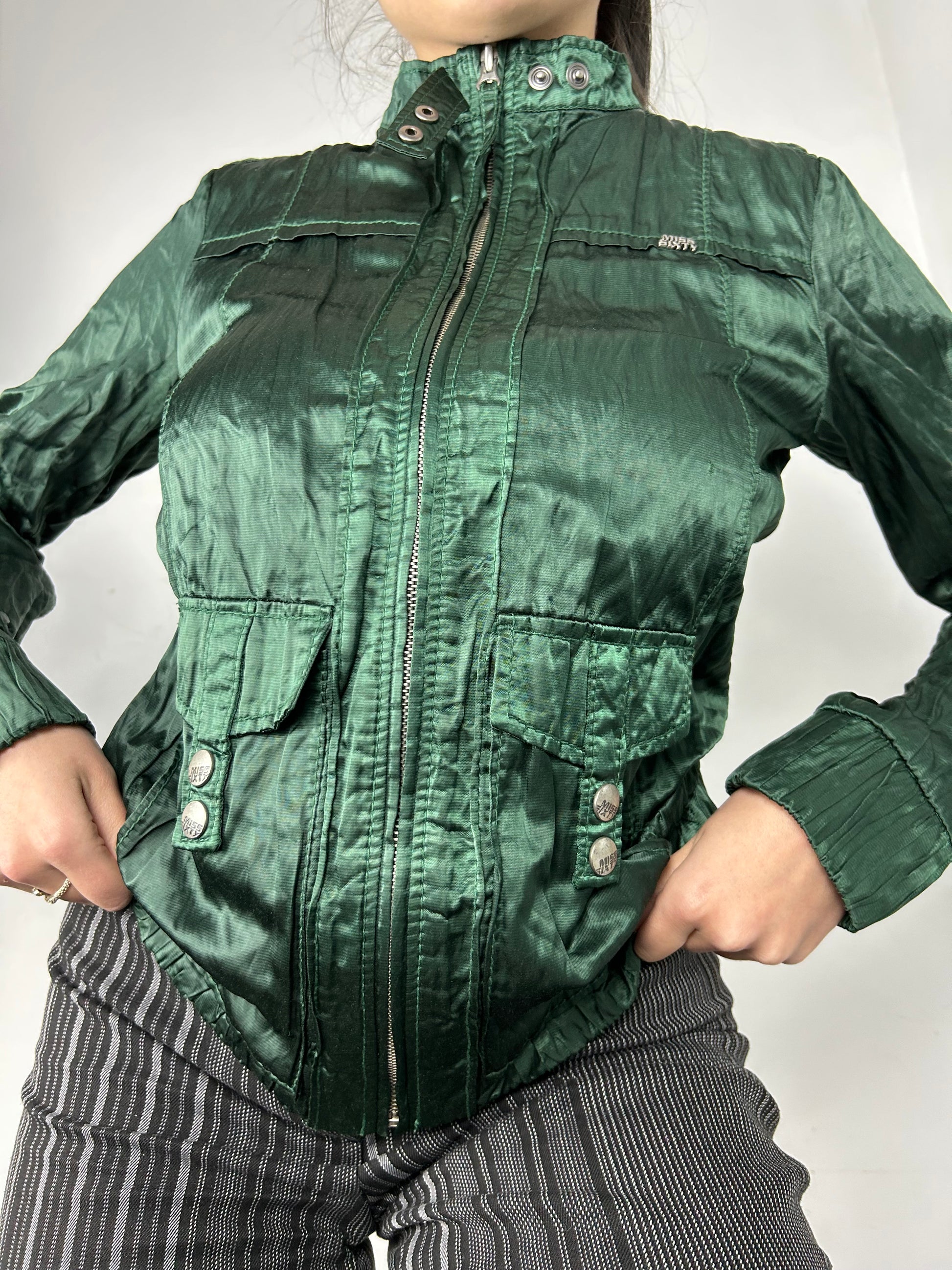 Green satin effect zip up biker jacket (S/M)