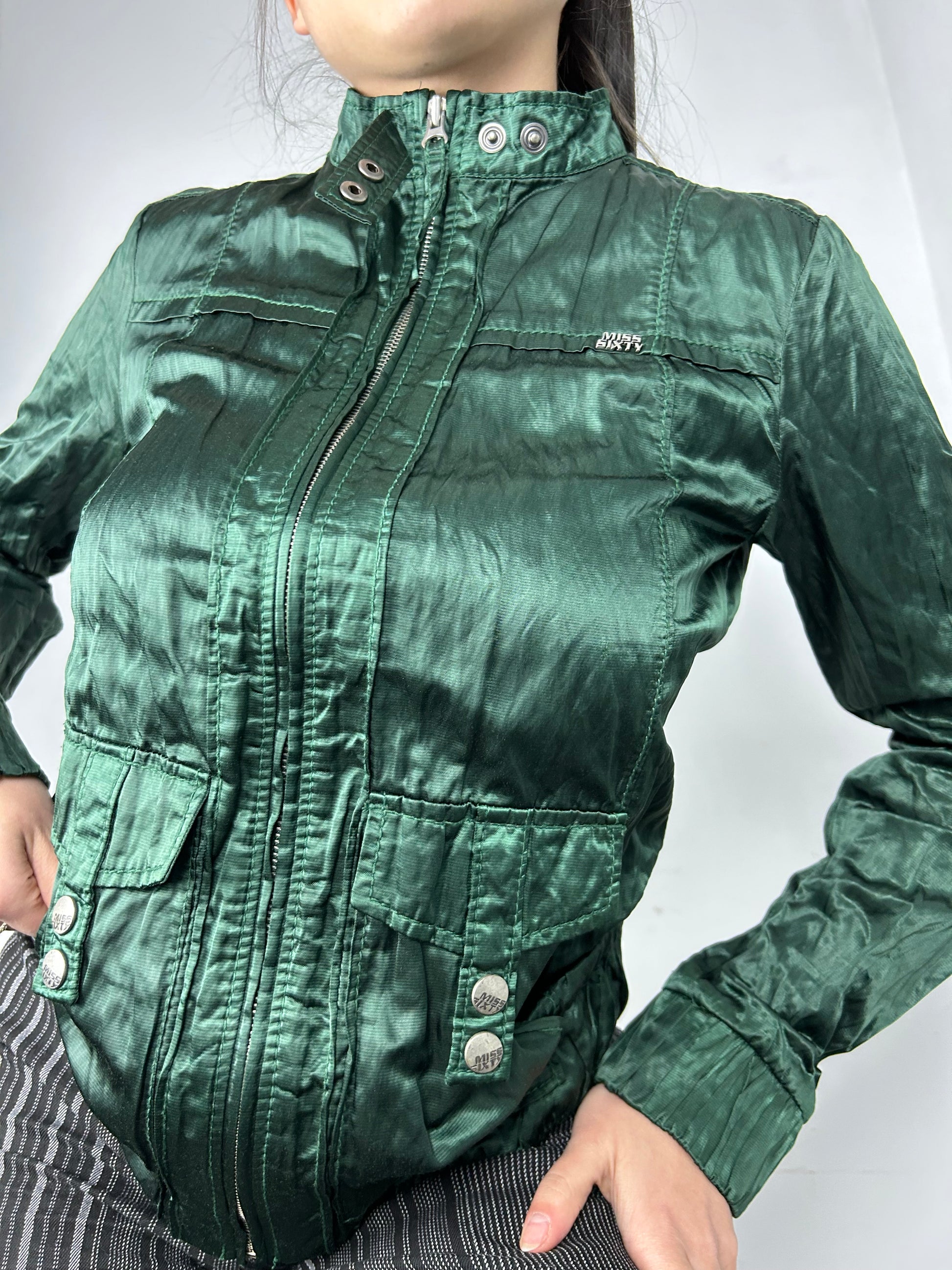 Green satin effect zip up biker jacket (S/M)