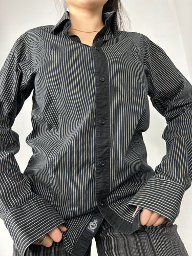 Black striped cotton long sleeves shirt (L)