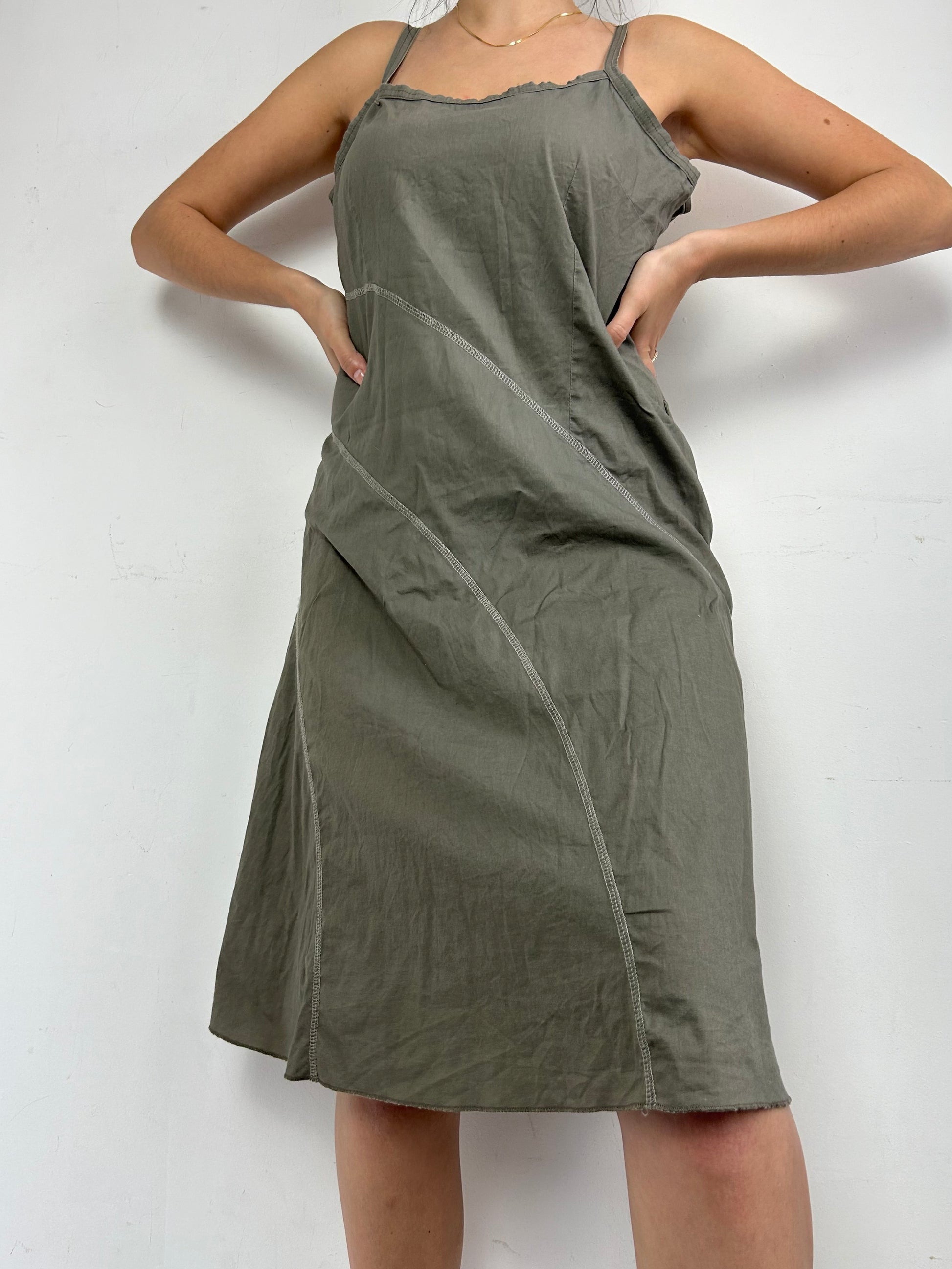 Khaki cotton asymmetric mid dress (M)