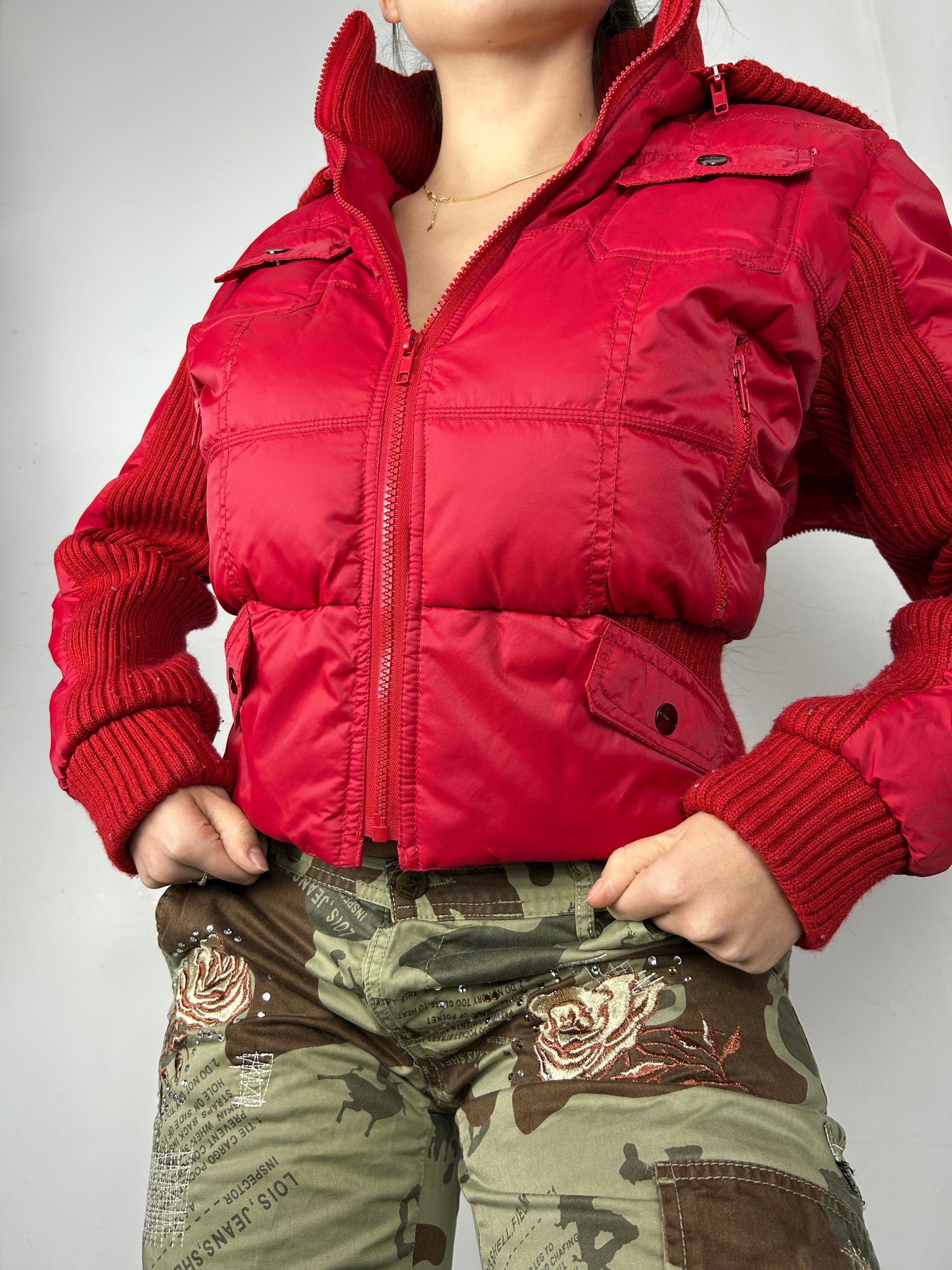 Red zip up puffer jacket (S/M)